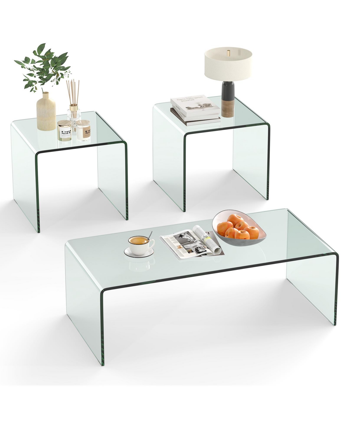 Costway Tempered Glass Coffee Table Set of 3, Clear Coffee Table and 2 End Tables for Home