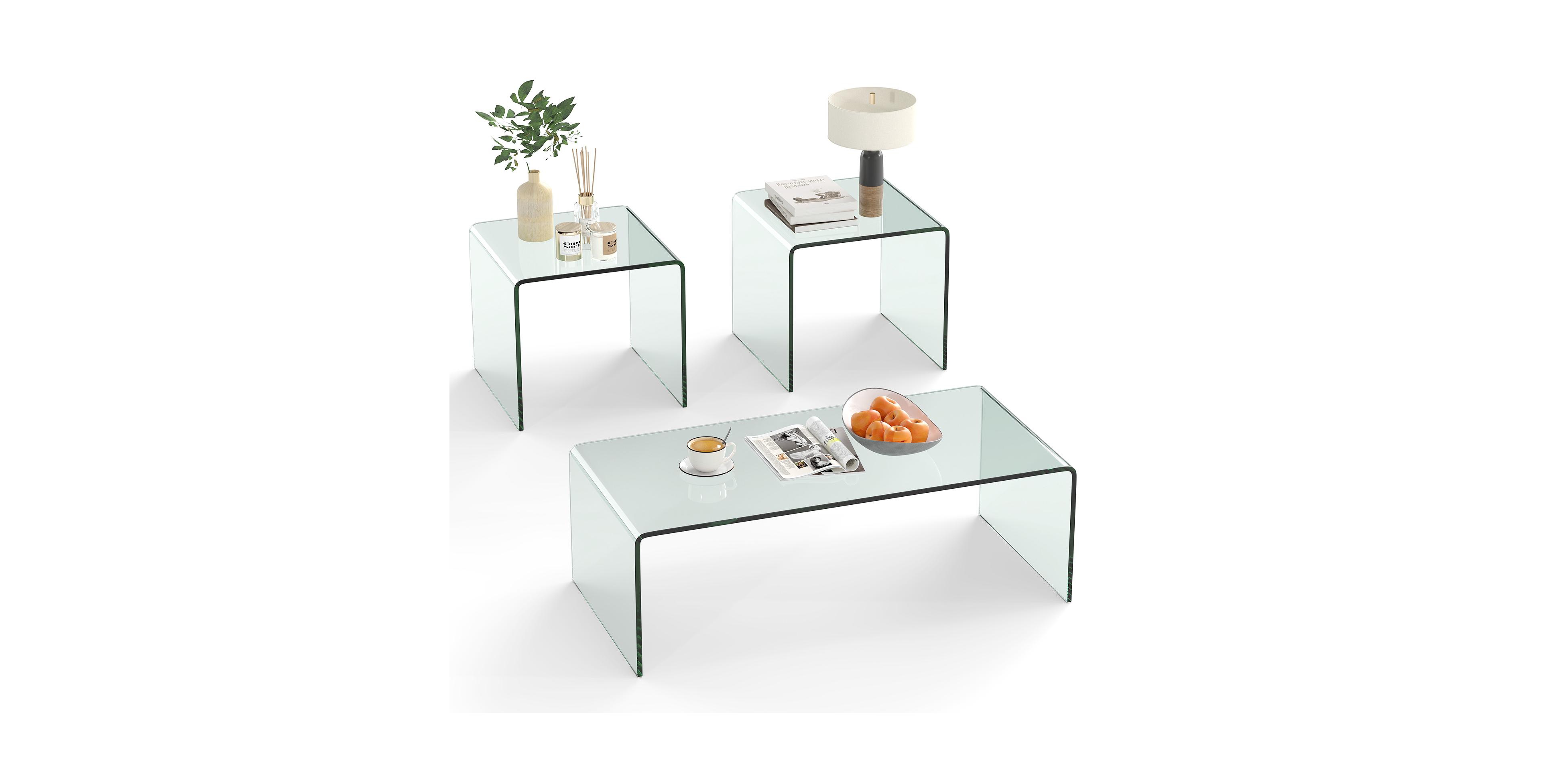 Costway Tempered Glass Coffee Table Set of 3, Clear Coffee Table and 2 End Tables for Home
