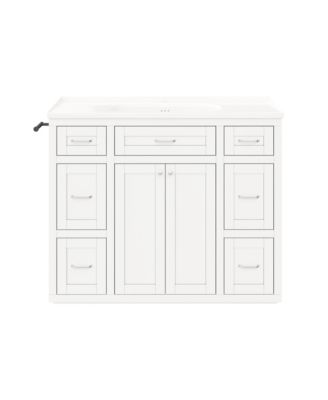 48 Inch Bathroom Vanity with Ceramic Sink 6 Drawers Center Flip Out Drawer Soft Close Double Doors Reversible Towel Rack Silver Handles