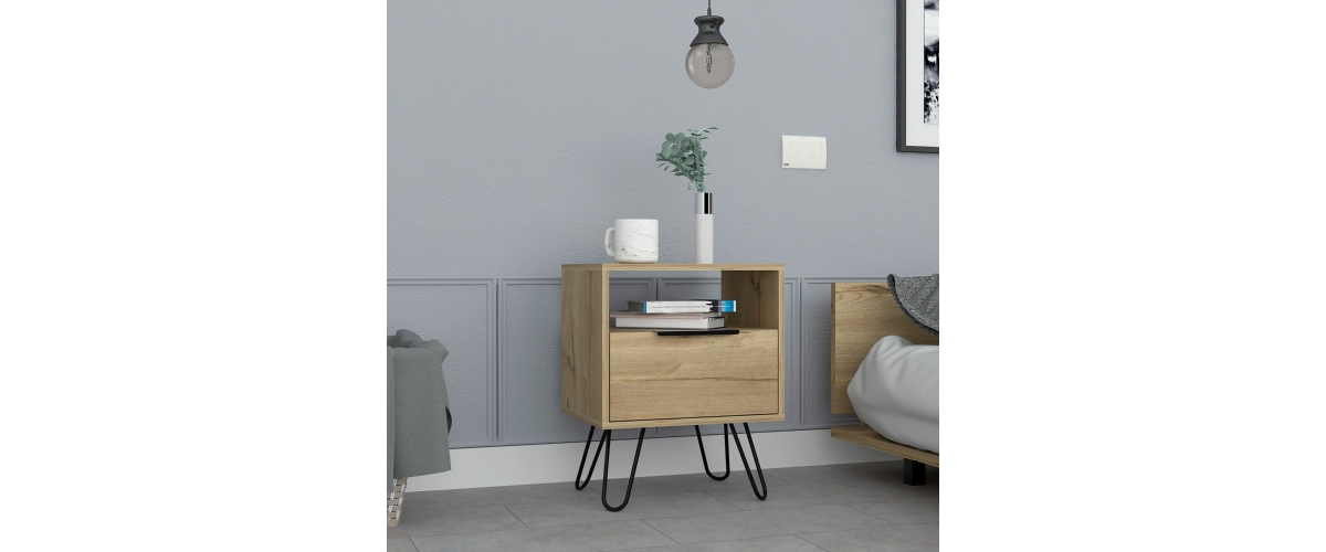 Flynama Light Oak Nightstand with Cabinet and Hairpin Legs