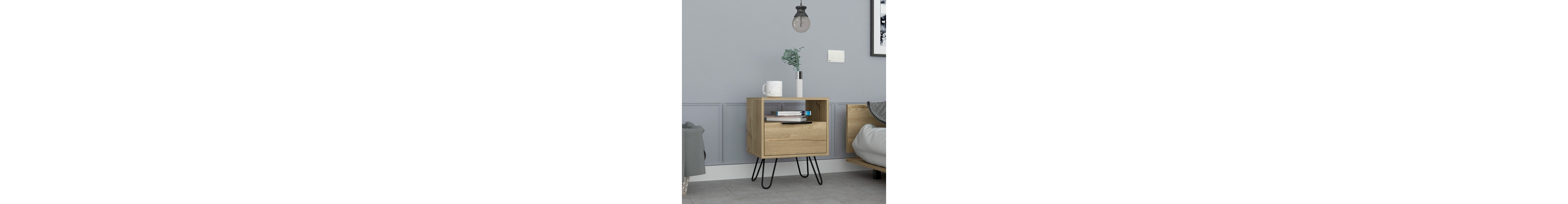 Flynama Light Oak Nightstand with Cabinet and Hairpin Legs