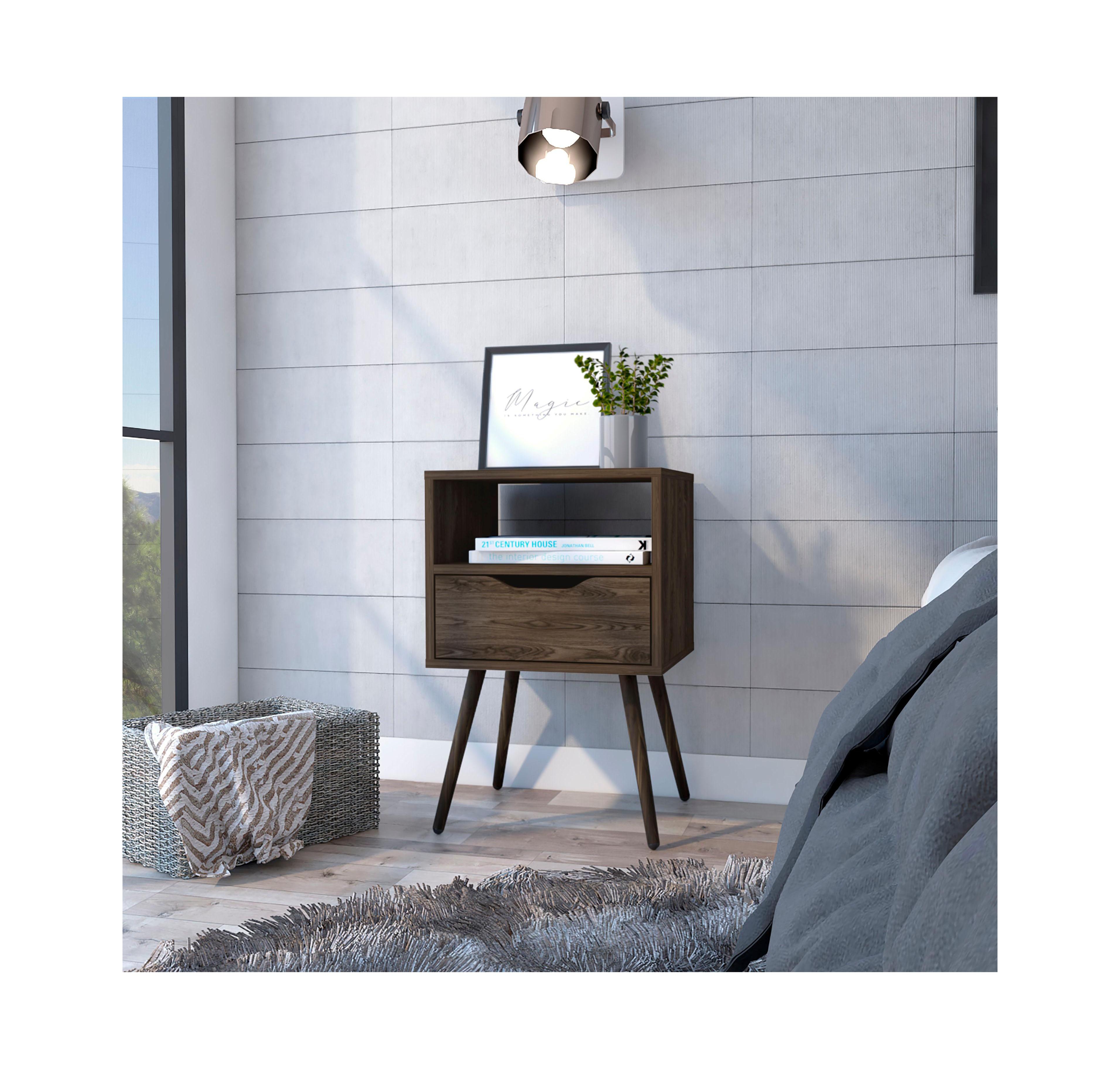 Flynama Modern Nightstand with Drawer and Open Shelf, Tall Side Table with Metal Legs, Bedroom Storage Cabinet