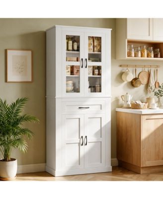 Pantry Cabinet with Glass Door and Drawer, Kitchen  Storage Cabinet with Shelves
