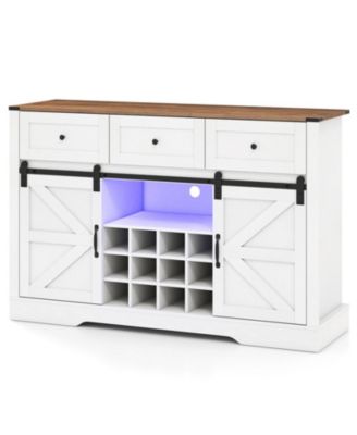 52 Inch Engineered Wood Wine Bar Cabinet with Sliding Barn Doors and LED Lighting