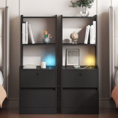 2 Pack Smart Nightstand, Voice Control Night Light and Charging Station with Lockable Cabinet