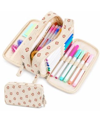 Large Pencil Case Soft Quilted Bag Wide Opening Multi Compartment School Supplies Storage Organizer Portable Durable Zipper