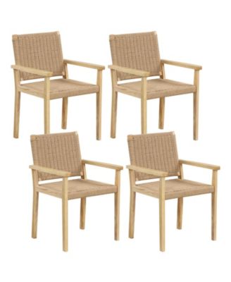 Patio Chair Set of 4 Rubber Wood Dining Armchairs Paper Rope Woven Seat