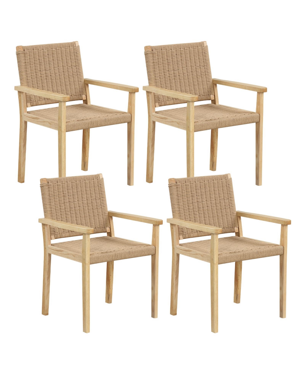 Costway Patio Chair Set of 4 Rubber Wood Dining Armchairs Paper Rope Woven Seat