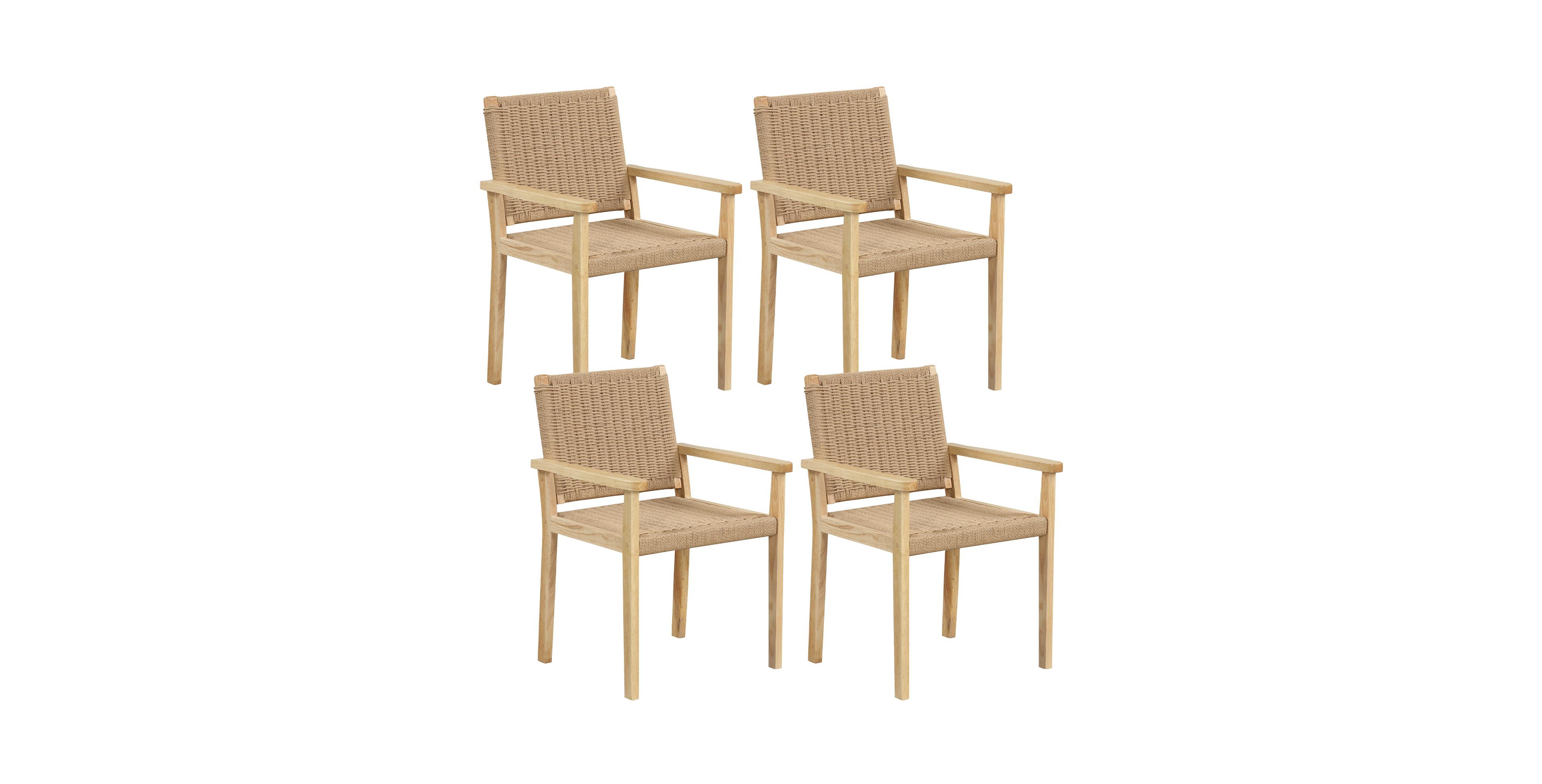 Costway Patio Chair Set of 4 Rubber Wood Dining Armchairs Paper Rope Woven Seat