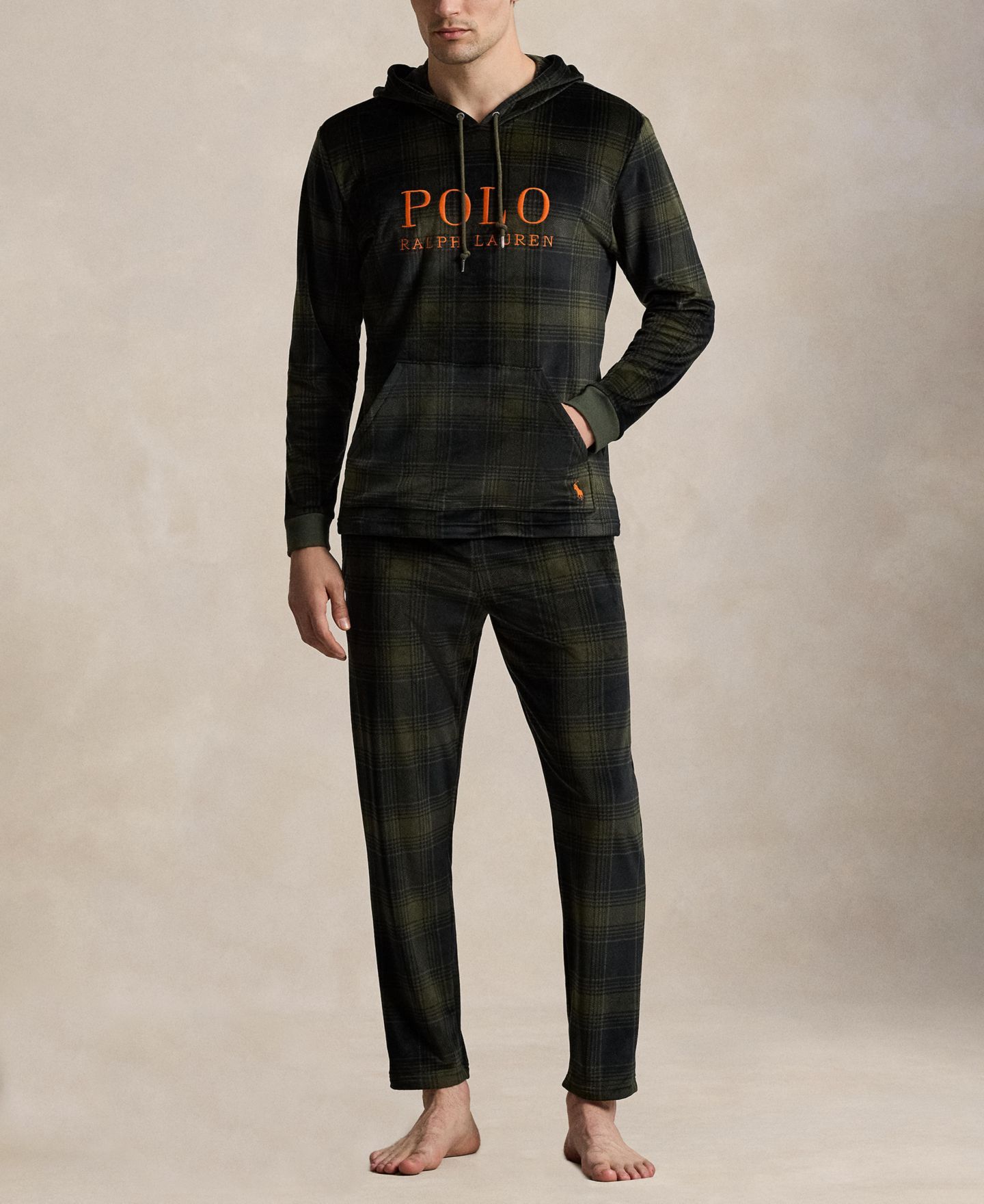 Худи Hooded для мужчин, длинный рукав — Polo Ralph Lauren, цвет: Оливковый клетчатый / Сумеречный оранжевый — фото 2
