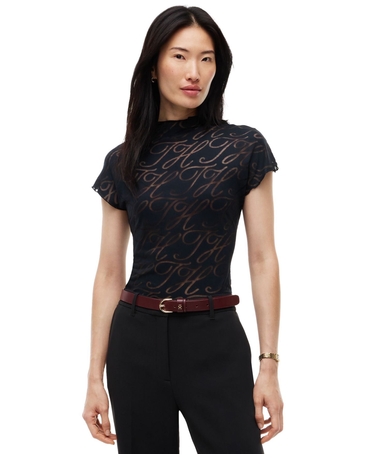 Женская футболка Tommy Hilfiger Mock Neck Cap Sleeve Burnout, цвет: Чёрный — фото 3
