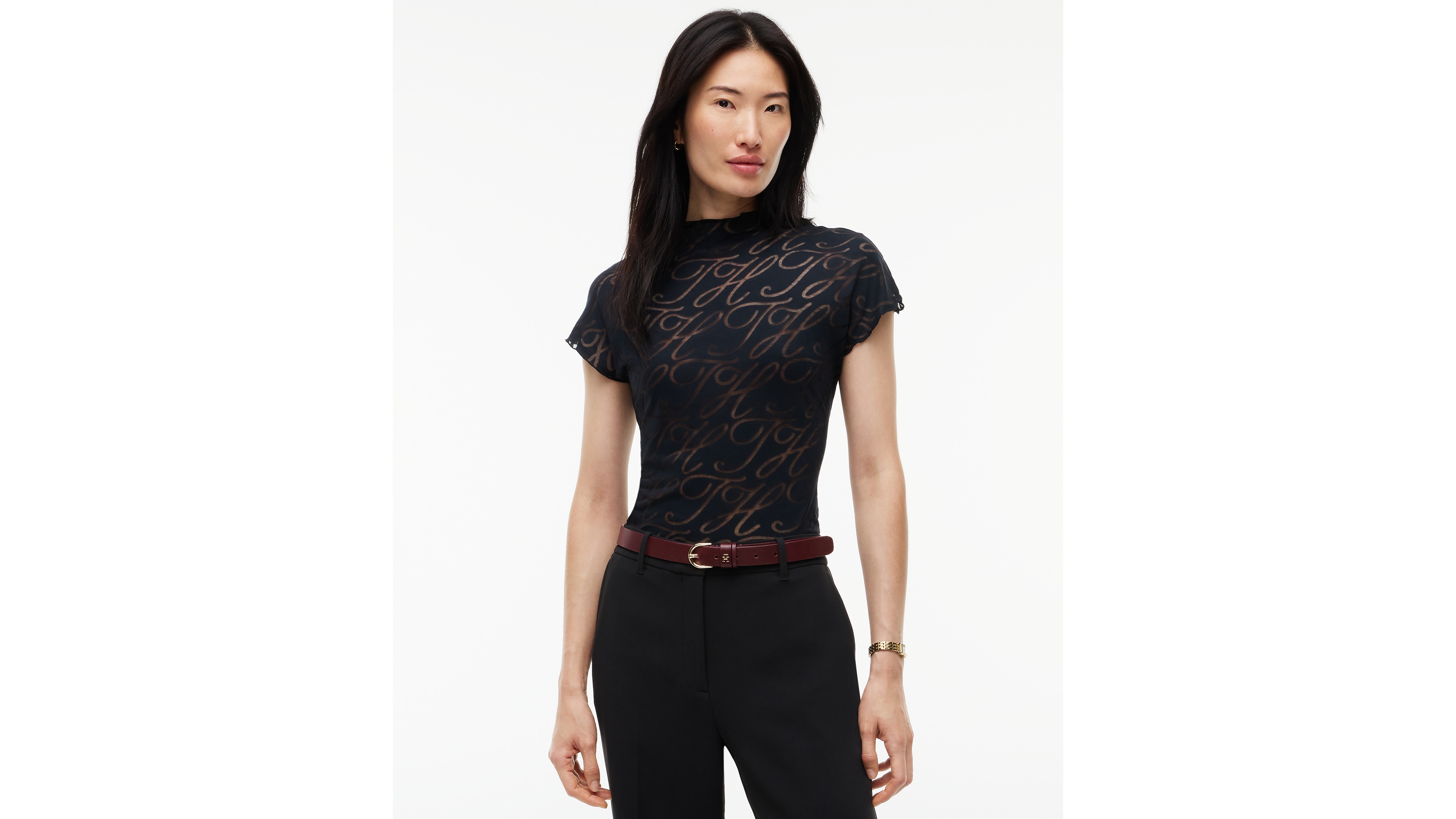 Tommy Hilfiger Women's Mock Neck Cap Sleeve Burnout T-Shirt