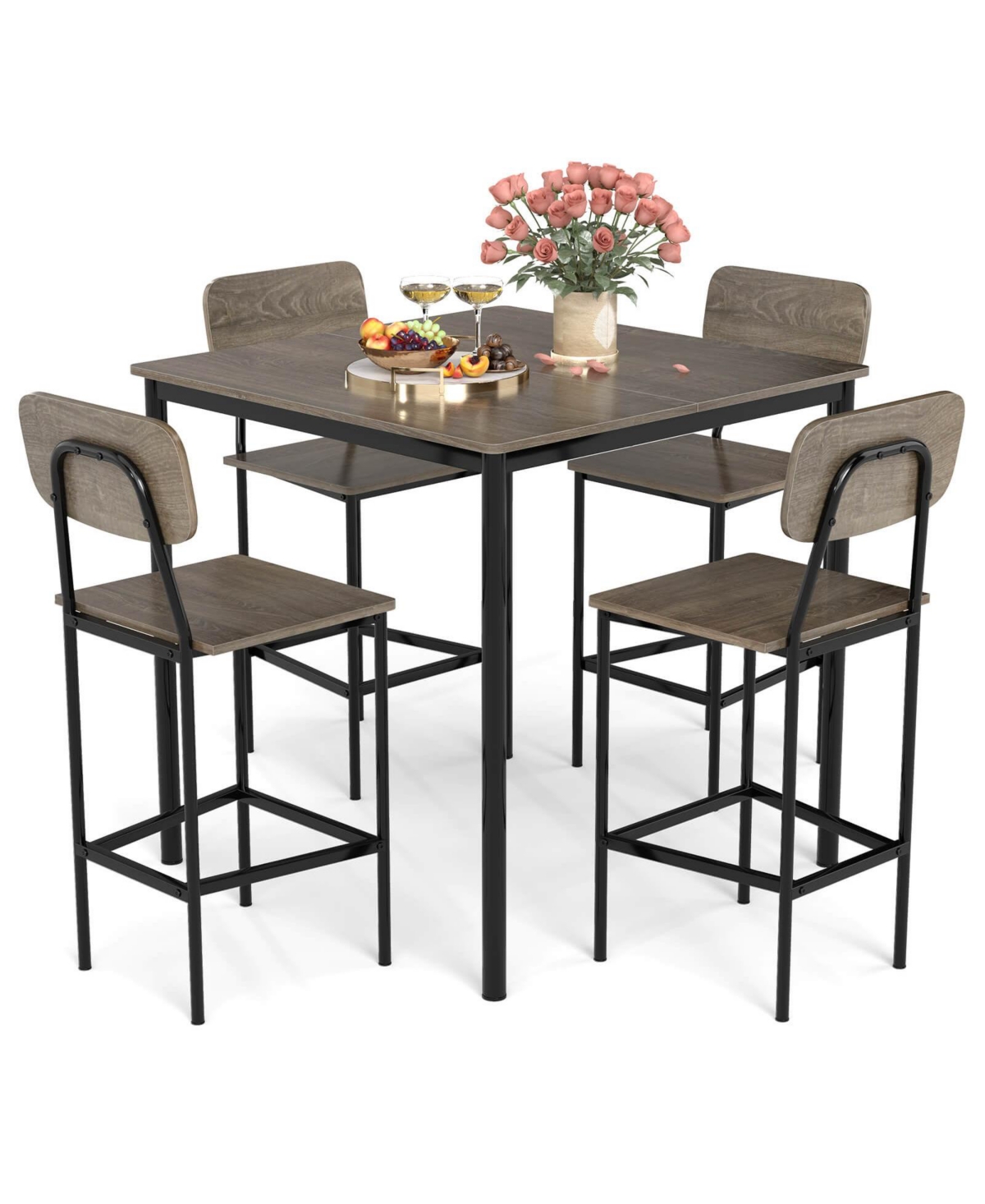 Costway 5-Piece Industrial Dining Table Set with Counter Height Table & 4 Bar Stools - Grey