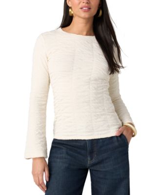 Women's Crewneck Crinkled-Knit Flared Long-Sleeve Top