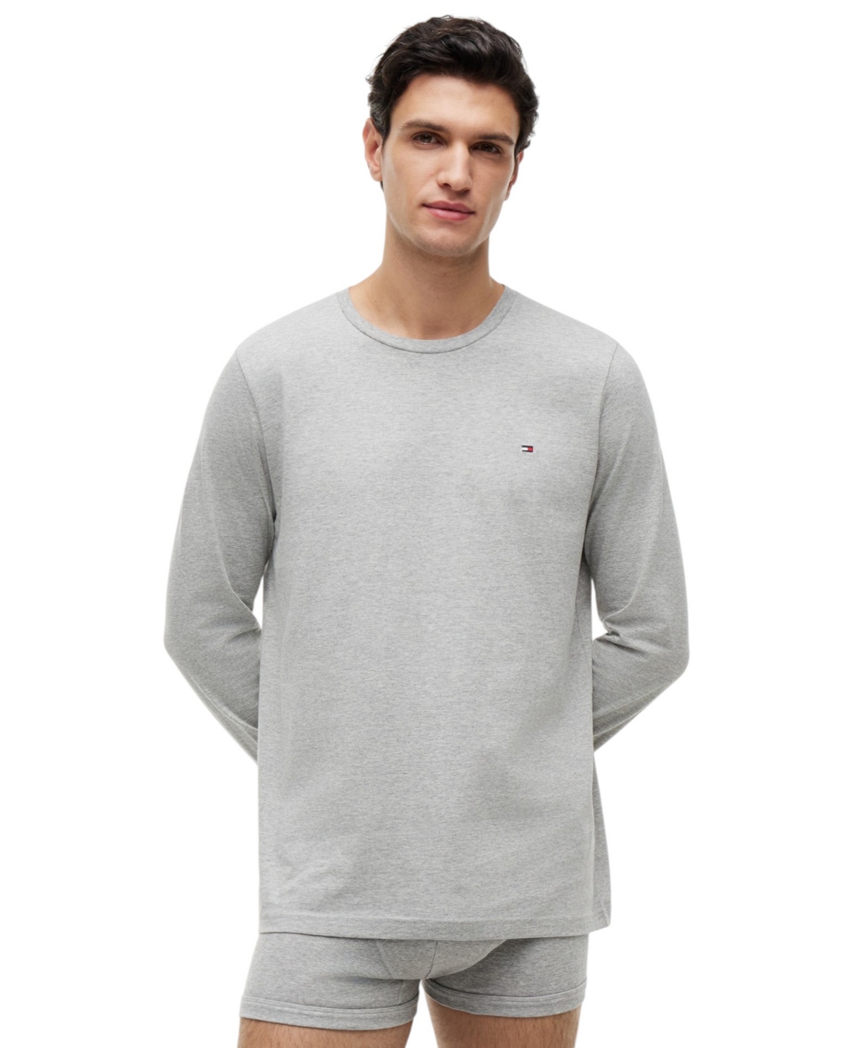 Tommy Hilfiger Men's Core Flag Long-Sleeve Crew Neck 100% Cotton Pajama Top - Gray Heather