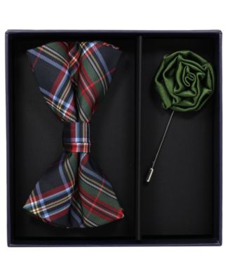 Men's 2-Piece Tartan Plaid Pre-Tied Bow Tie and Lapel Pin Box Set