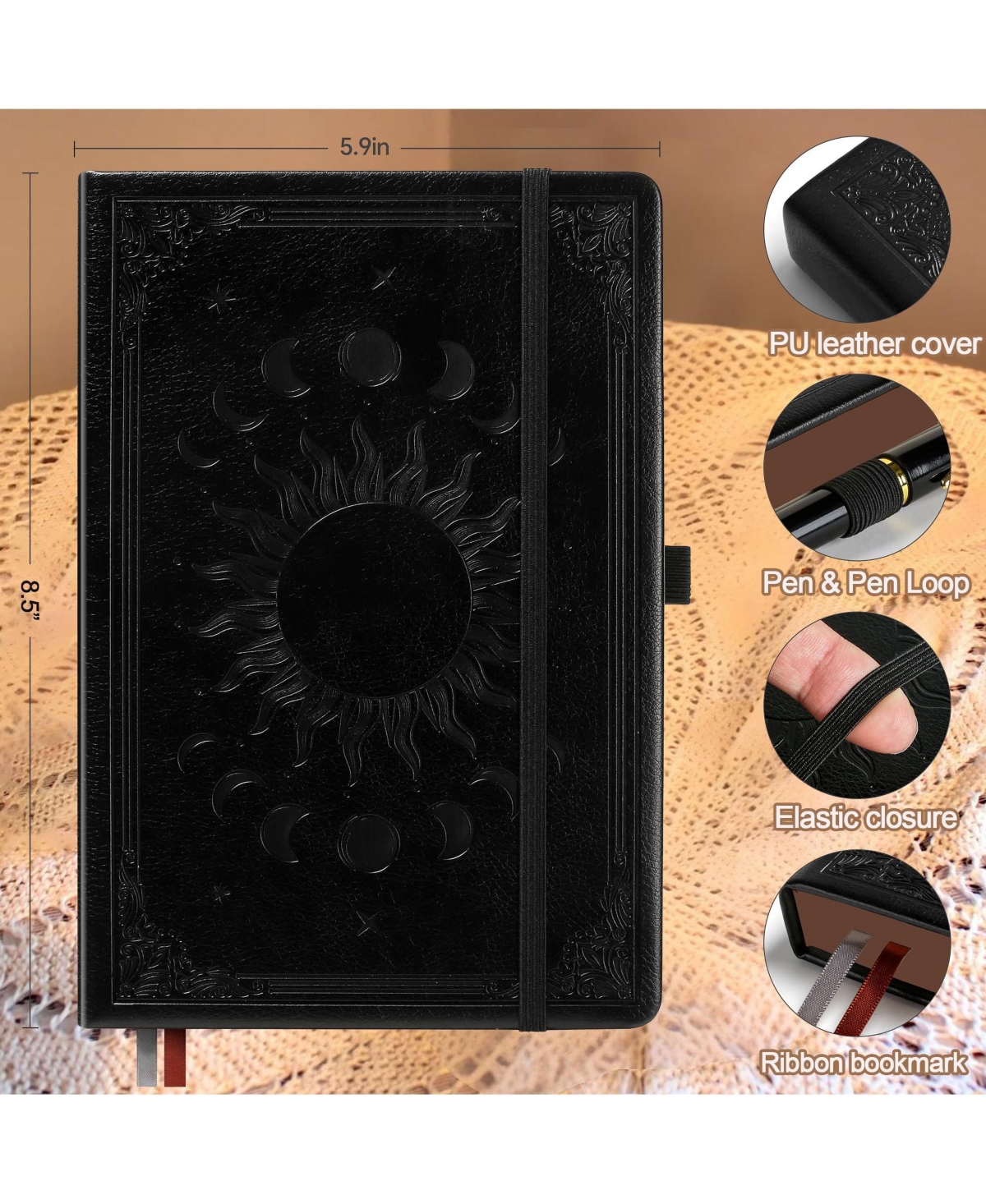 Danrong Lined Journal Sun Moon Design With Pen Holder Ribbon Bookmarks Pocket