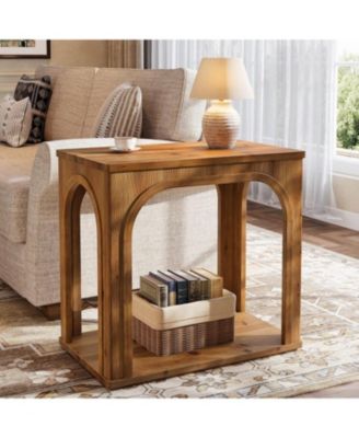 Arched Side Table, 2-Tier Farmhouse Solid Wood End Table with Bottom Shelf, Wooden Night Stand for Living Room, Bedroom