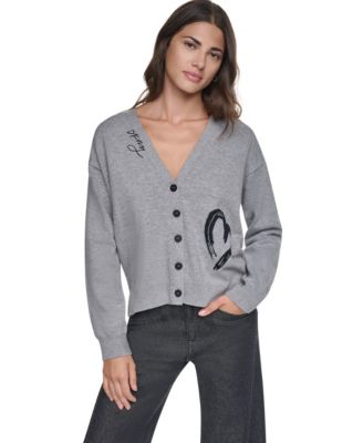 Women's Heart Brush Stroke Button-Front V-Neck Cardigan Sweater