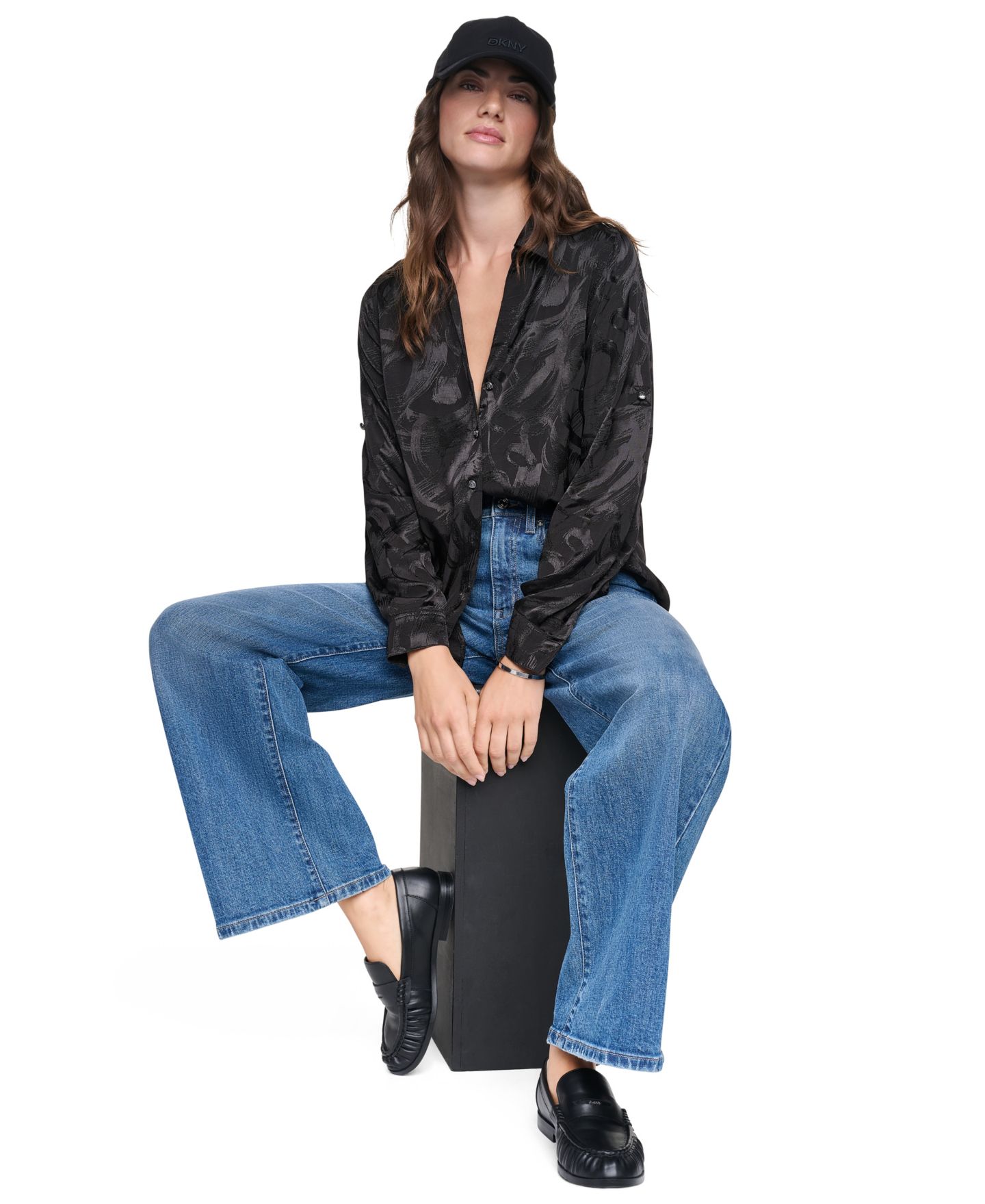 Женская блузка DKNY Roll-Tab Jacquard Blouse, цвет: Чёрный — фото 7