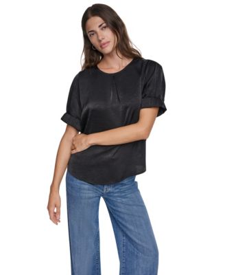 Women's Satin Roll-Sleeve Slight-Crease Crewneck Blouse
