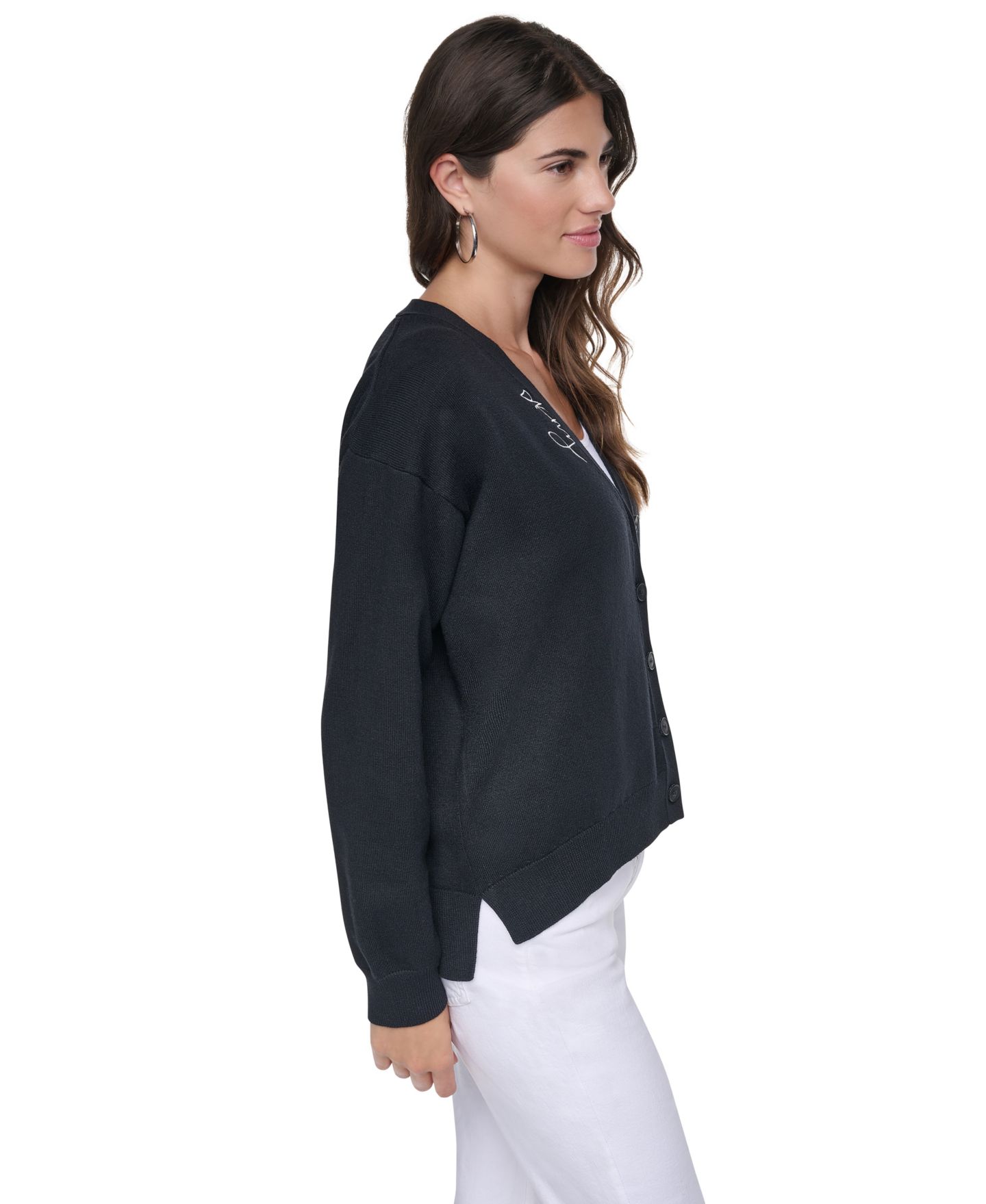 Женский кардиган DKNY Heart Brush Stroke Button-Front V-Neck Cardigan, цвет: Чёрный / Слоновая кость — фото 4
