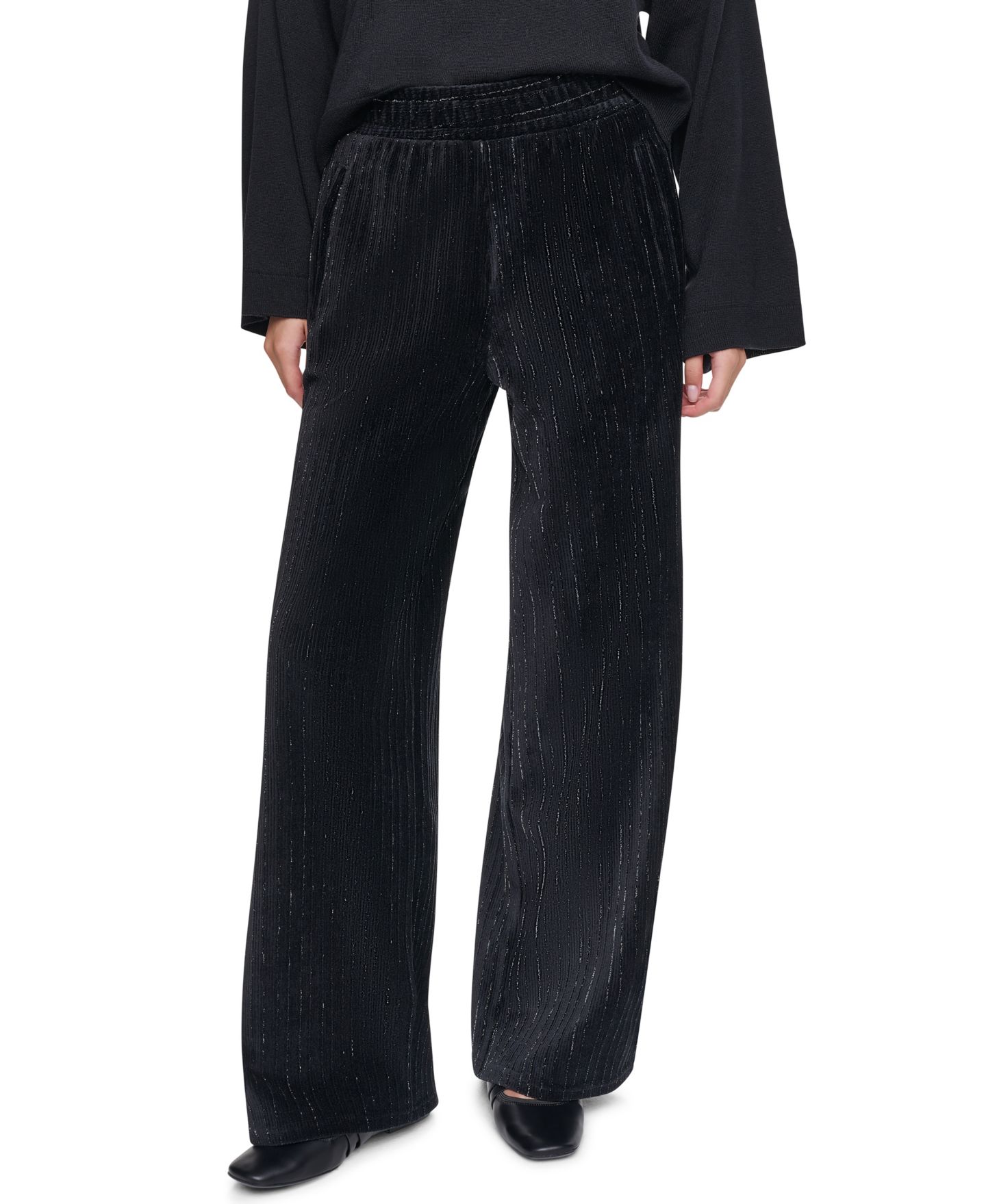 Женские брюки DKNY Wide-Leg Velvet Pull-On, цвет: Чёрный — фото 1