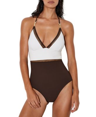 Women's Ray Halter Colorblock Plunging Neckline One-Piece Swimsuit