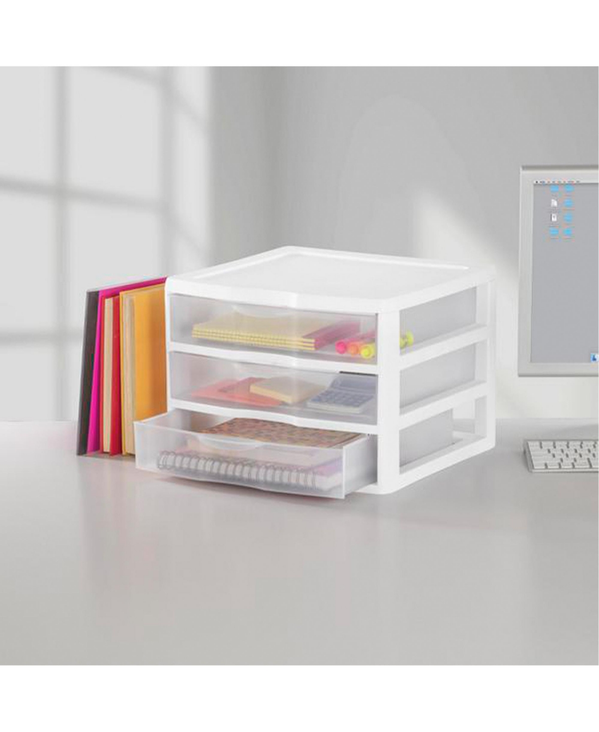 Sterilite Clear Plastic Stackable Small 3 Drawer Storage System, White