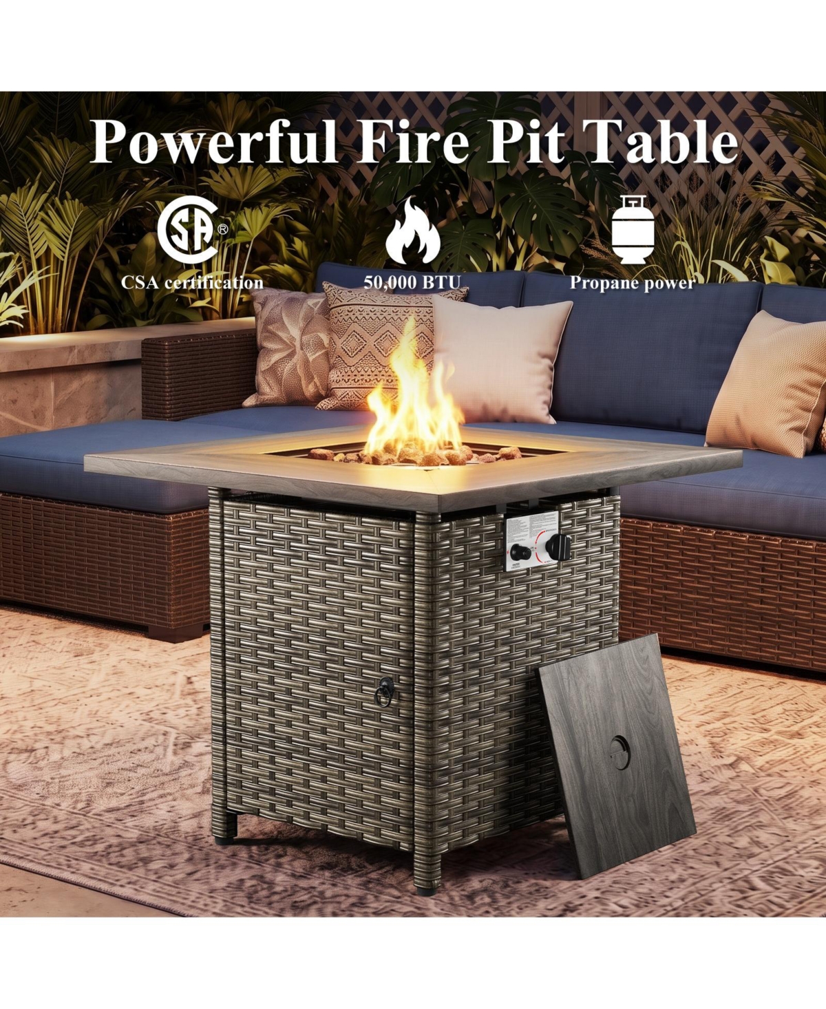 Pocassy 3 Pieces Patio Furniture Set with Fire Pit Table, Rattan Swivel Rocker Chairs Comfy Cushion