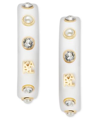 Faux Pearl and Glass Crystal Logo Medium Hoop Earrings