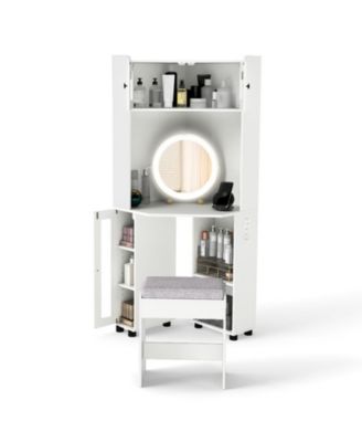 Compact Corner Vanity Desk with 360 Degree Rotating Lighted Mirror and Stool
