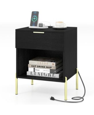 Mid-Century Modern Nightstand with Charging Station Drawer and Open Cubby