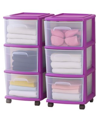 Plastic 3 Drawer Medium Storage Container Tower, Purple Frame (2 Pack)