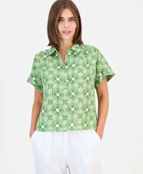 Женский топ Charter Club Cap-Sleeve 100% Linen Popover, цвет: Antigua Placement Treetop