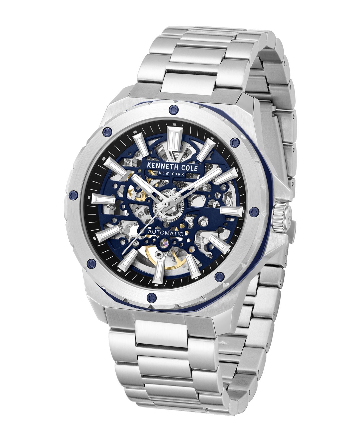 Мужские часы Kenneth Cole New York Automatic Hollis Skeleton Dial Silver-Tone Stainless Steel Bracelet Watch 45mm — фото 4