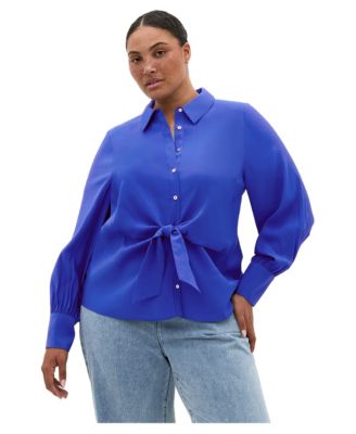 Plus Size Isabella Long-Sleeve Tie-Front Collared Blouse