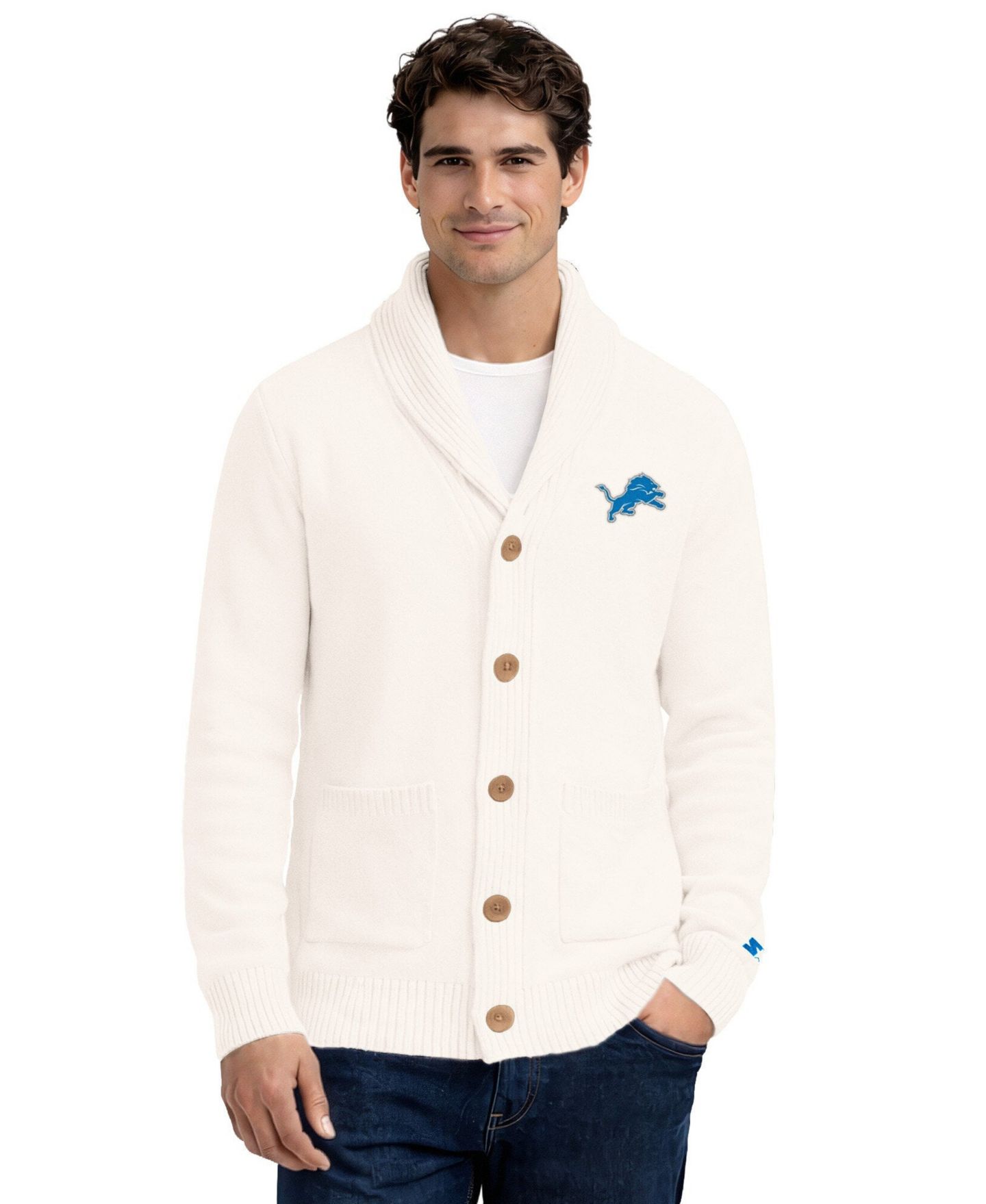 Мужской кардиган Starter Cream Detroit Lions Shawl Collar Heavy Knit Cardigan — фото 1
