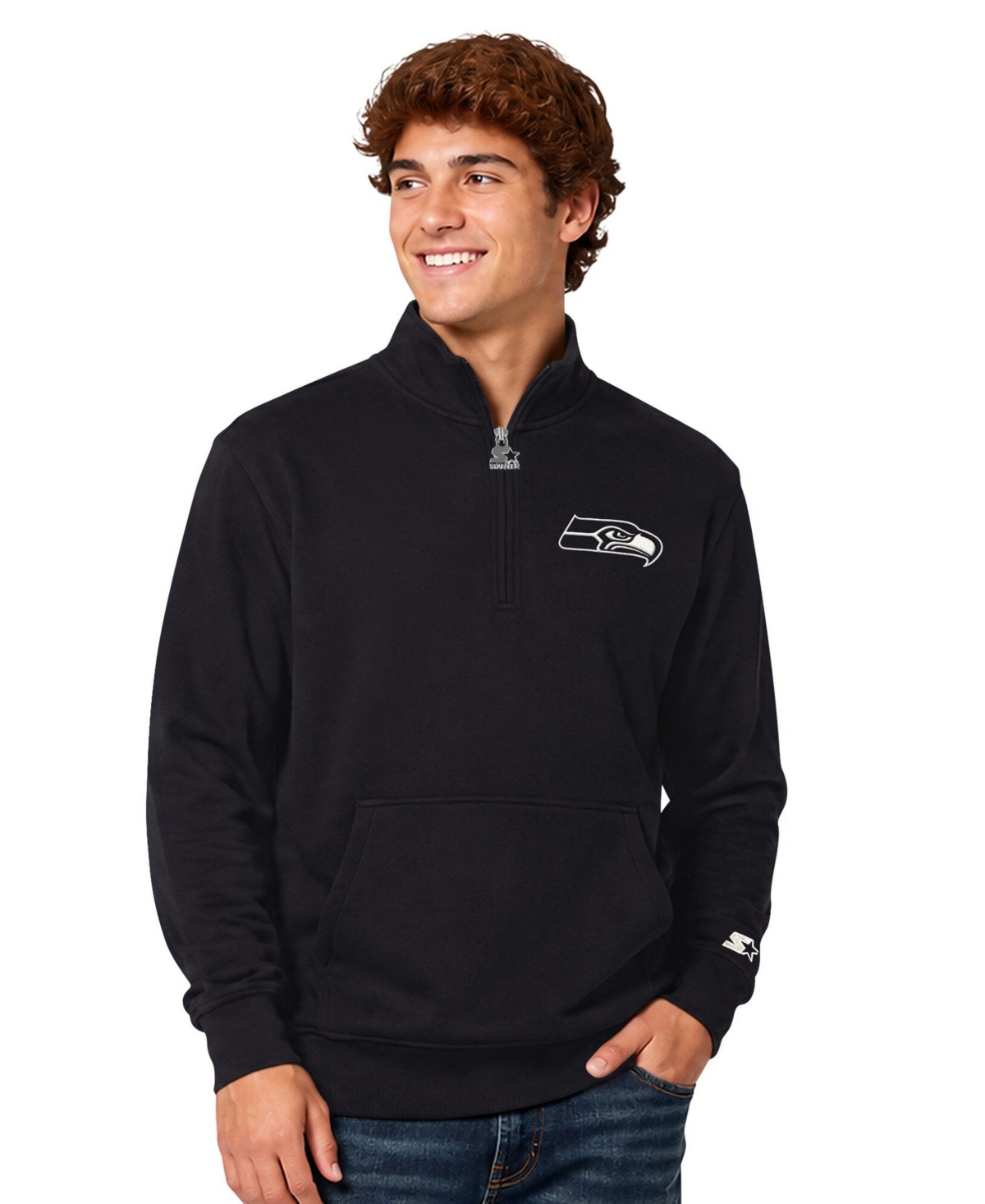Starter Men's Seattle Seahawks Thursday Night Gridiron Mock-neck Quarter-zip Sweatshirt In Black