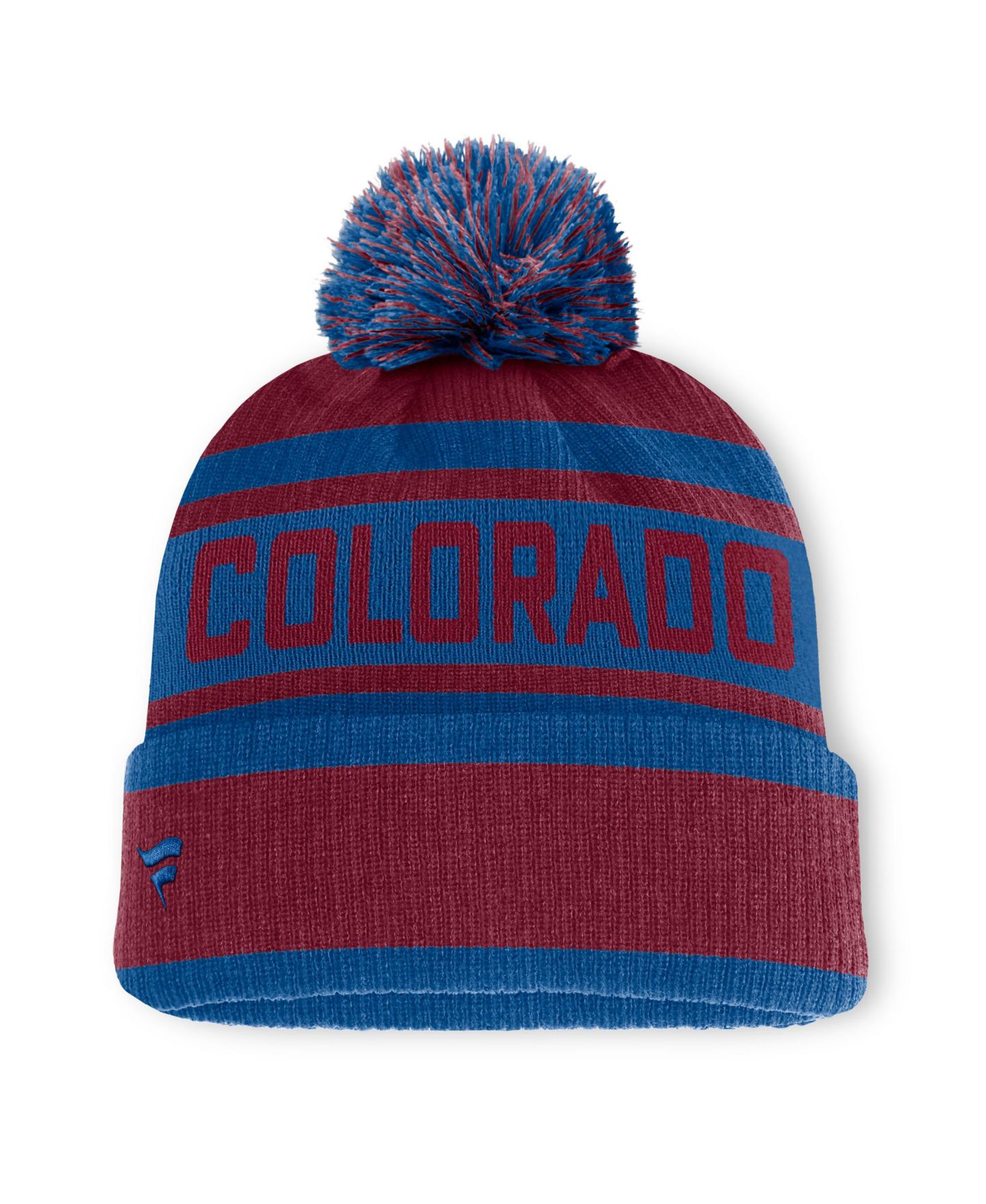 Мужская шапка Fanatics Burgundy/Blue Colorado Avalanche Fundamental Cuffed Knit Hat with Pom — фото 2