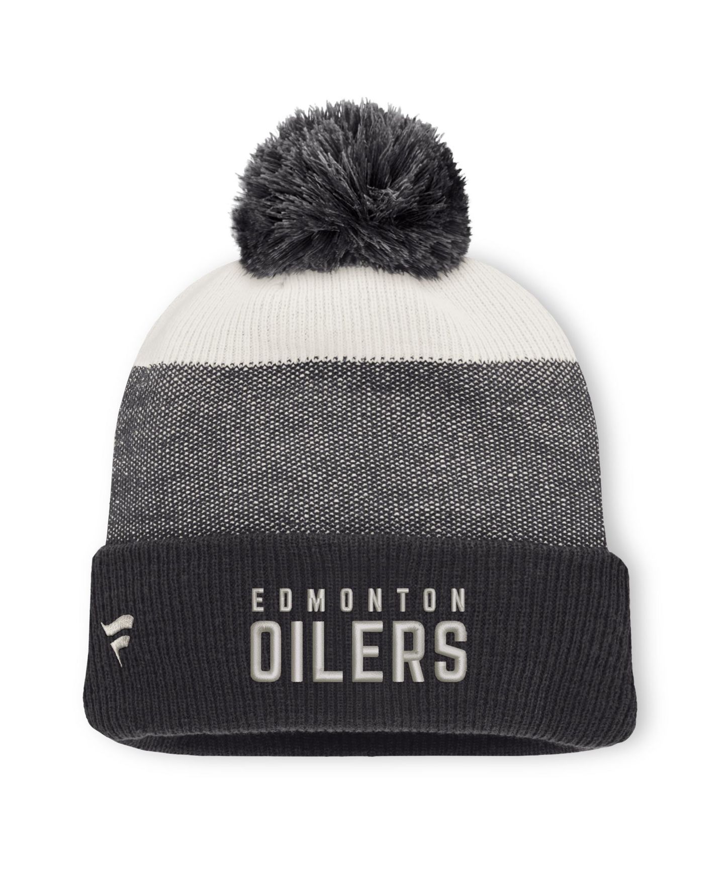 Мужская шапка Fanatics Black/Light Beige Edmonton Oilers Monochrome Cuffed Knit Hat with Pom — фото 2