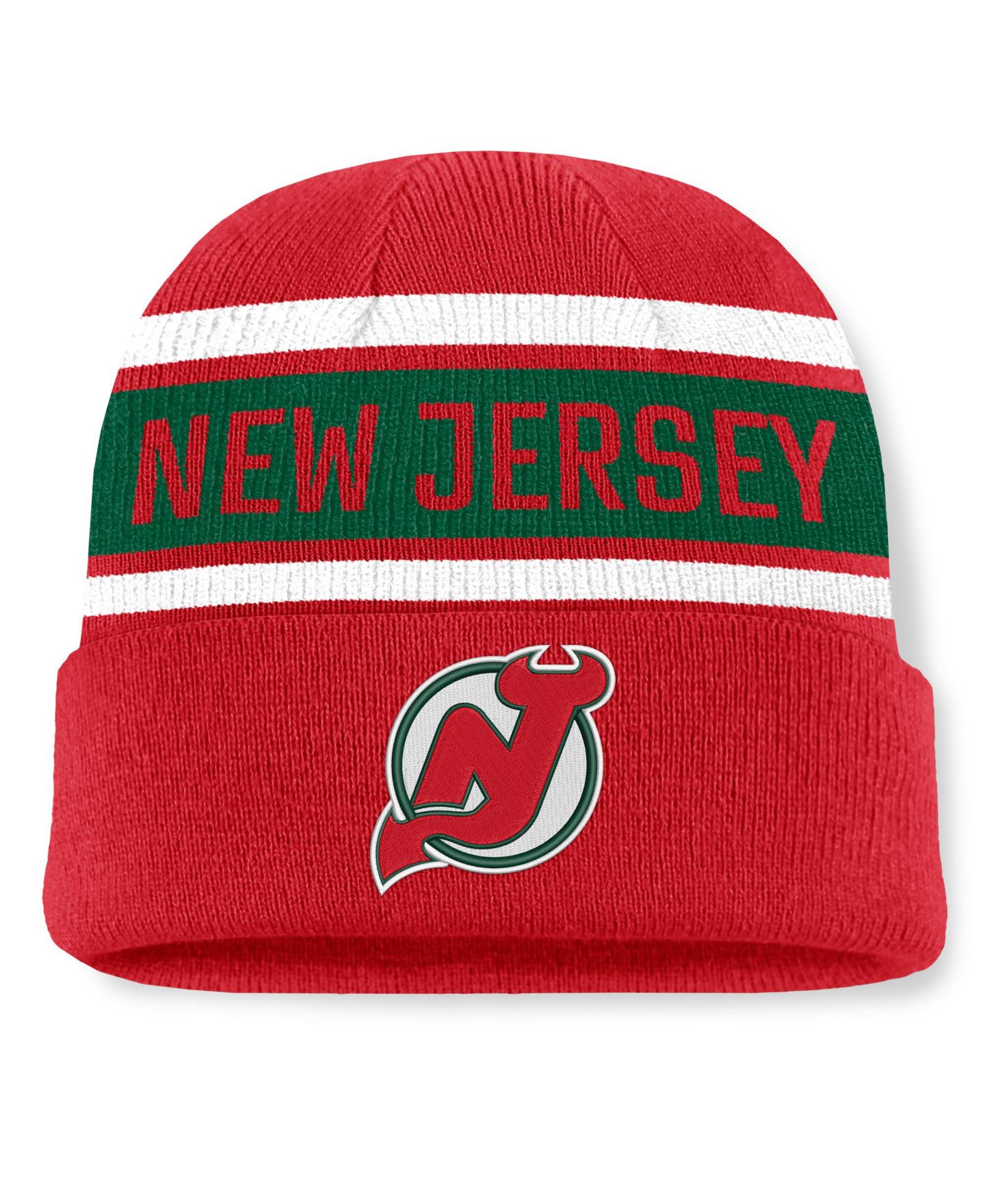 Мужские головные уборы Fanatics Red/Green New Jersey Devils Heritage Cuffed Knit Hat — фото 1