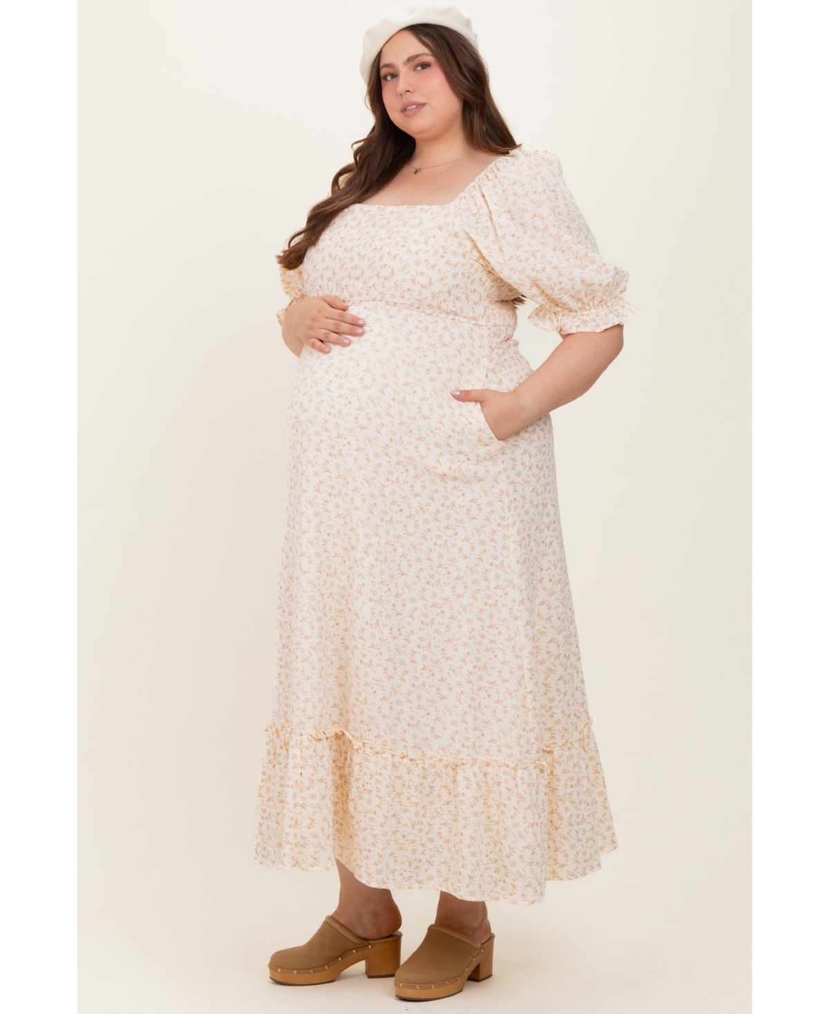 Pinkblush Plus Size Beige Floral Print Square Neckline Maxi Dress