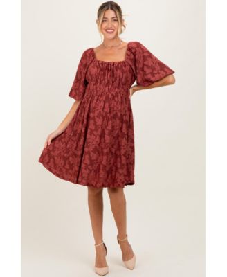 Women's Burgundy Floral Square Neck Dress