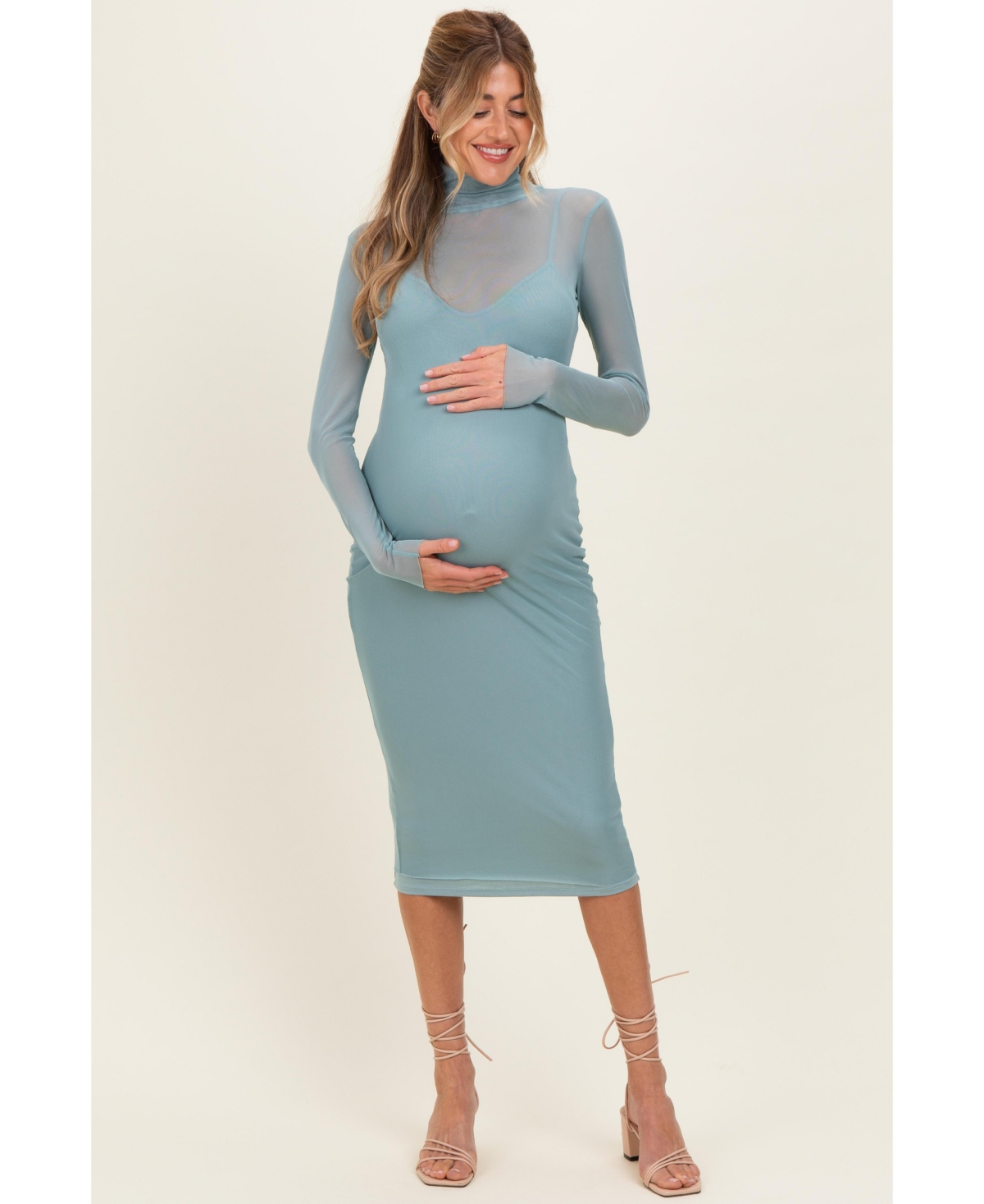 Pinkblush Maternity Forest Green Mesh Overlay Fitted Midi Dress - Jade
