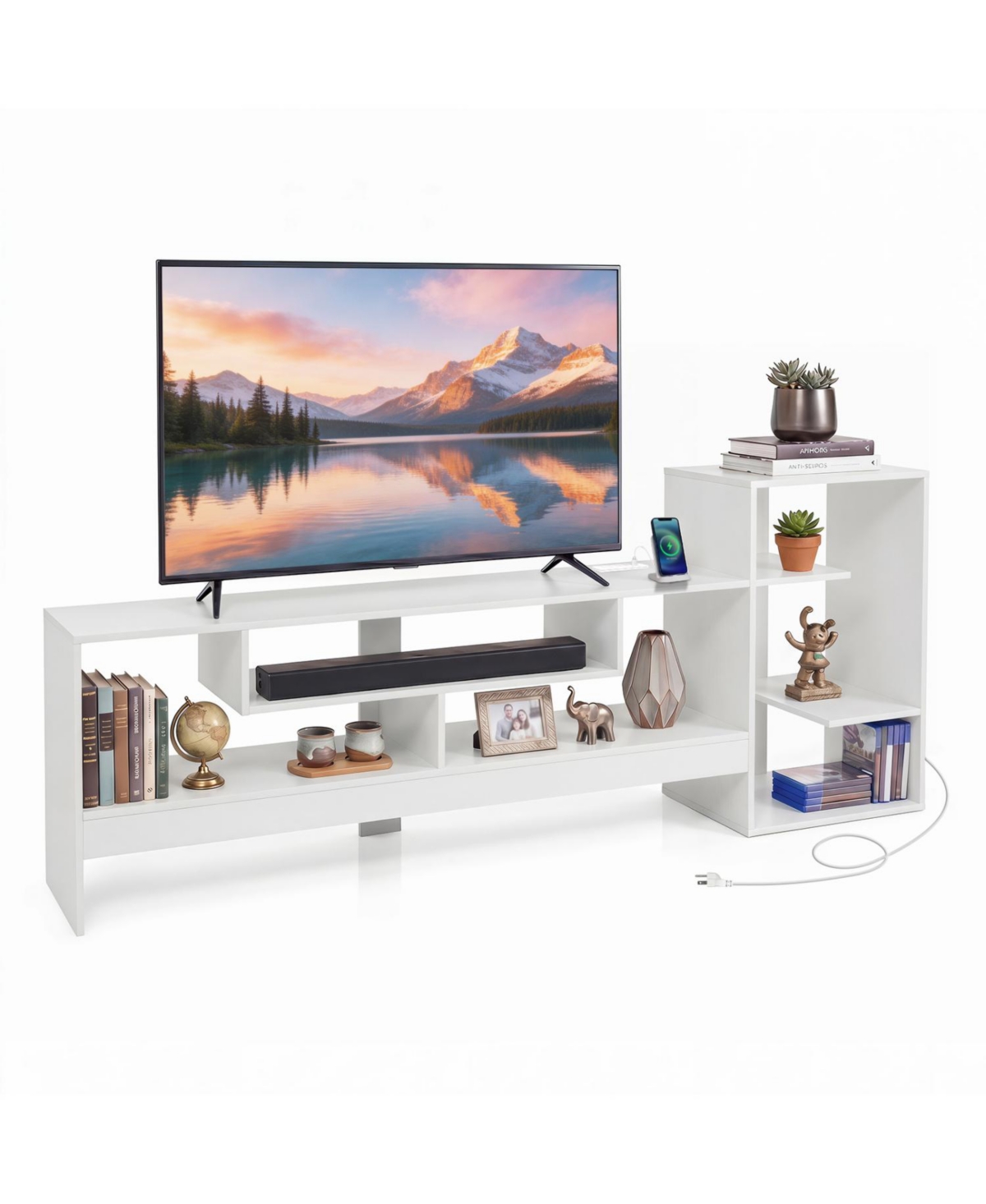 Mecale Cube Tv Stand for 55 in Tv with Power Outlets and Open Storage Shelves - White