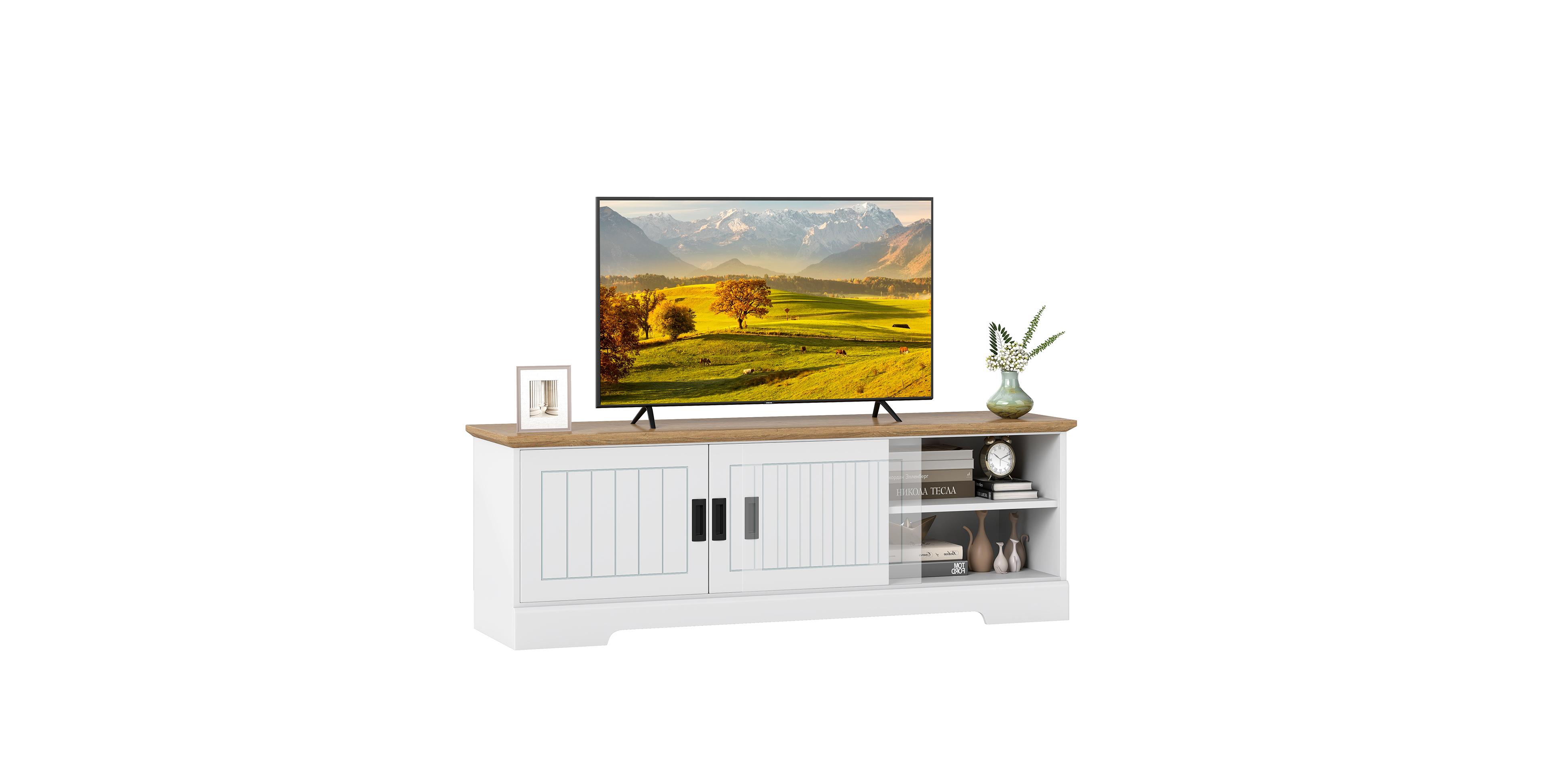 Mecale Farmhouse Tv Stand for TVs up to 65 in with Sliding Doors and Storage Cabinets