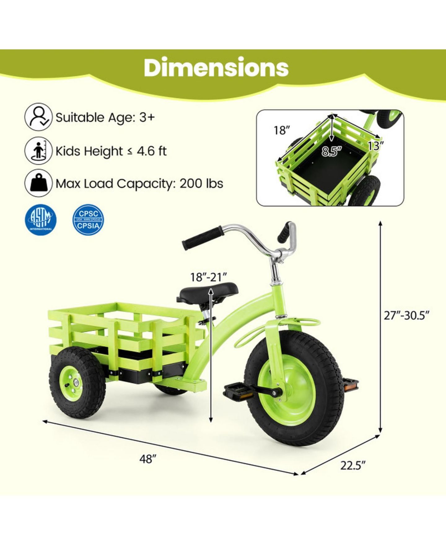 Детская игрушка SUGIFT Kids Tricycle with 15-Inch Inflatable Rubber Tires and Rear Wooden Cargo Basket, 200 lbs Capacity, Ages 3+, цвет: Зелёный — фото 3
