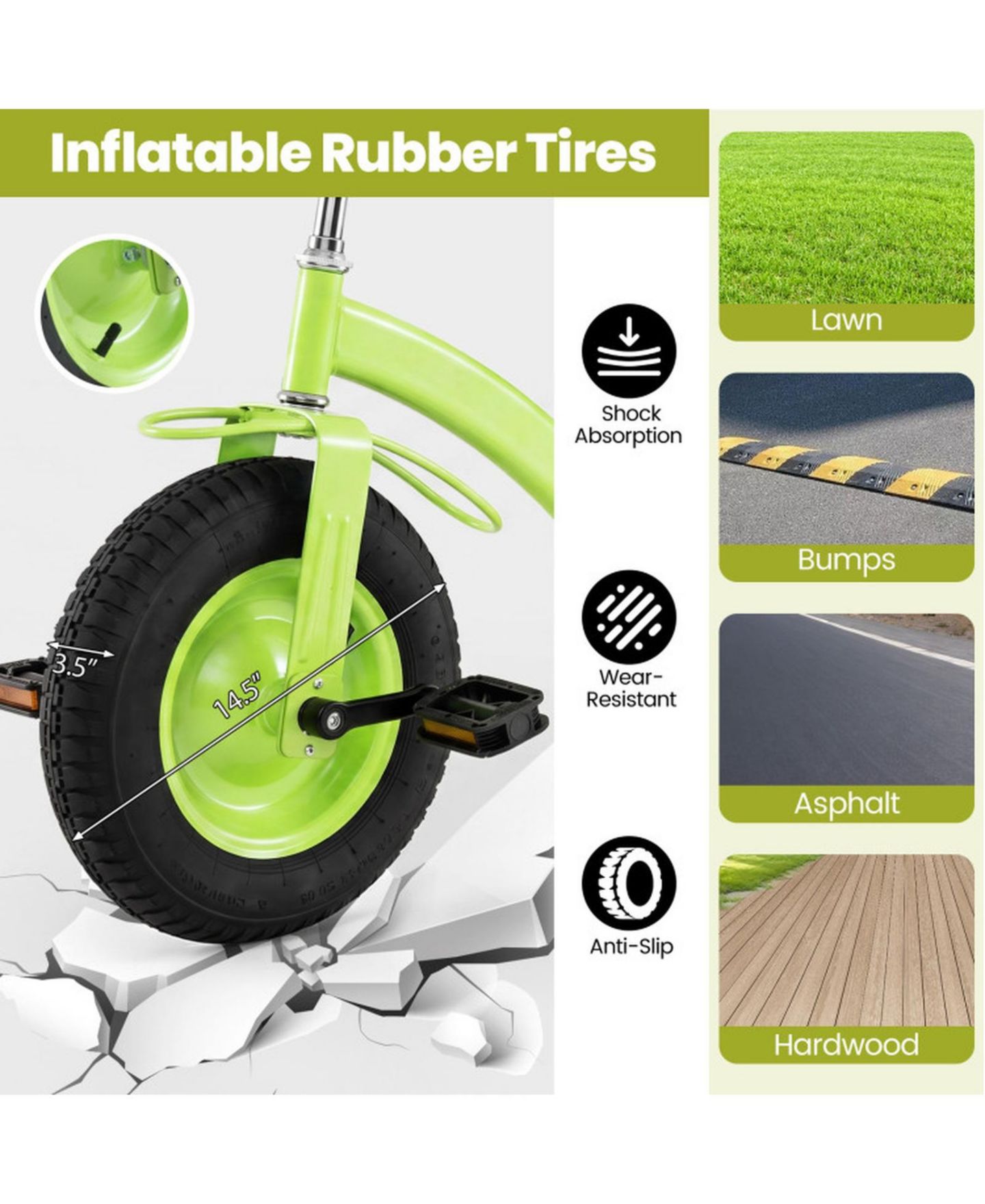 Детская игрушка SUGIFT Kids Tricycle with 15-Inch Inflatable Rubber Tires and Rear Wooden Cargo Basket, 200 lbs Capacity, Ages 3+, цвет: Зелёный — фото 7