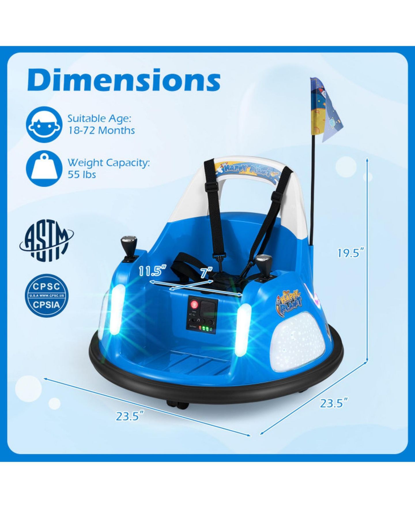 Детская игрушка SUGIFT 12V Kids Ride on Bumper Car 360 Degree Spinning with Remote Control, Ages 18-72 Months, цвет: Синий — фото 3